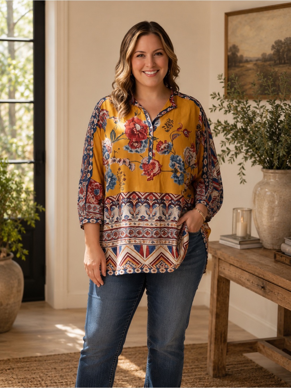 Johnny Was Mustard Yellow Paisley & Floral Border Tunic
